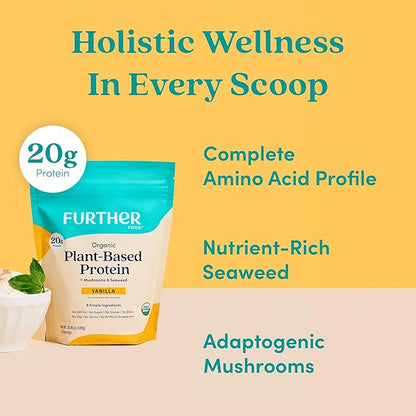 Further Food Organic Vegan Protein Powder Vanilla – 20g Pea Protein with Mushrooms & Seaweed, Non-GMO, Gluten Free, Sugar Free, 20.46 Oz