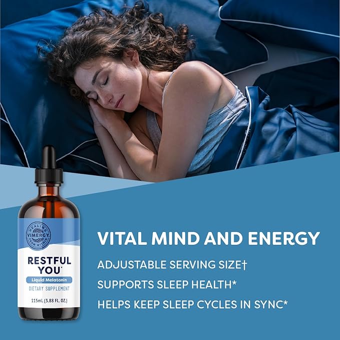 Vimergy Restful You* Liquid Melatonin - Fast-Absorbing Support for Restorative Sleep. Customizable Serving Size. Kosher, Vegan, Paleo-Friendly, Non-GMO. Serving Size: Adults 1mL, Kids 0.2mL.*