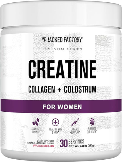 Jacked Factory Creatine for Women - Creatine Monohydrate with Collagen + Colostrum to Support Workout Performance, Lean Muscle Growth, Healthy Hair, Skin, & Nails - 30 Servings, Watermelon