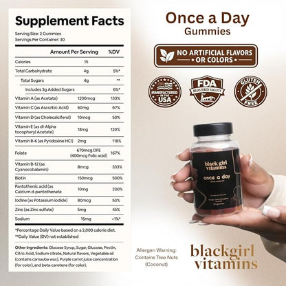 Black Girl Vitamins Once a Day - Womens Multivitamin Gummy - Vitamin A, B, C, E and Zinc. Multivitamin for Women, Immune Support. Vegan, Gluten-Free. Made in The USA (60 Day Supply, Strawberry)
