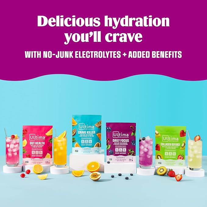 Ultima Replenisher Gut Health Supplement and Electrolytes Powder - Raspberry Lemonade, 14 Stickpacks - Hydration Packets with Added Gut Health Benefits