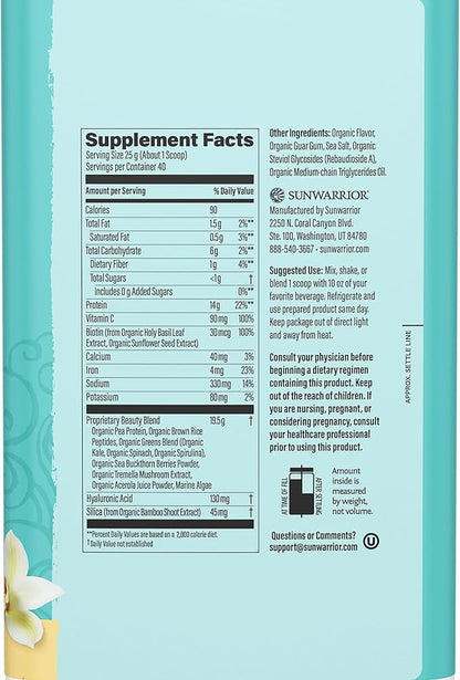 Sunwarrior Collagen Peptides Building Powder | Vegan Collagen for Women Plant-Based Protein Powder | Hyaluronic Acid, Biotin, Silica, Vitamin C for Hair Skin & Nails | 40 Servings, Vanilla Flavored