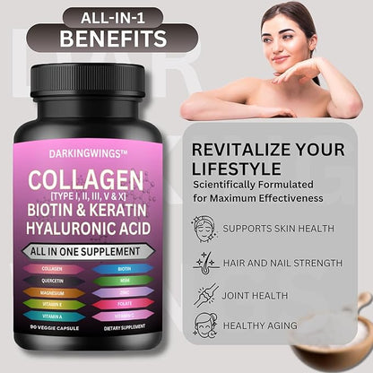 Multi Collagen Pills Peptides Types I, II, III, V & X MCG Biotin Keratin Hyaluronic Acid MSM Vitamin C Zinc Magnesium with Grape Seed Extract, Quercetin - Hair Skin and Nails Vitamins Capsule