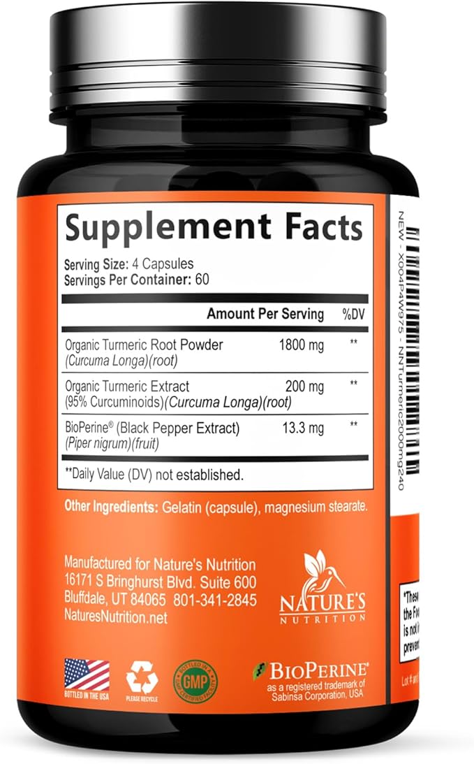 Turmeric Curcumin Supplement - 1800mg Organic Turmeric Per Serving - 95% Curcuminoids & BioPerine Black Pepper Extract for Best Absorption - Natural Vegan Joint Support, Bottled in USA - 240 Capsules
