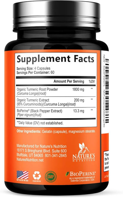 Turmeric Curcumin Supplement - 1800mg Organic Turmeric Per Serving - 95% Curcuminoids & BioPerine Black Pepper Extract for Best Absorption - Natural Vegan Joint Support, Bottled in USA - 240 Capsules