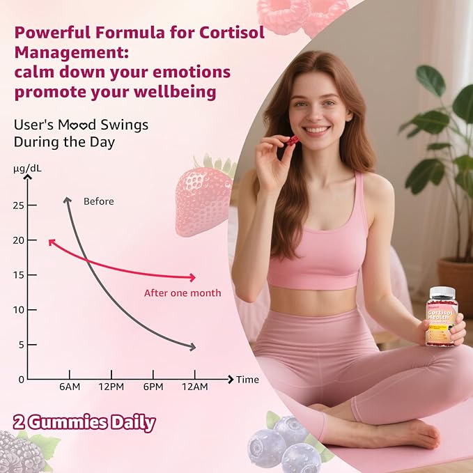 Cortisol Gummies - Cortisol Supplements for Women & Men with Ashwagandha, Magnesium, L-theanine for Cortisol Balance, Support Relaxation, Energy, Zzz, Mixed Berry Flavor, 60Ct