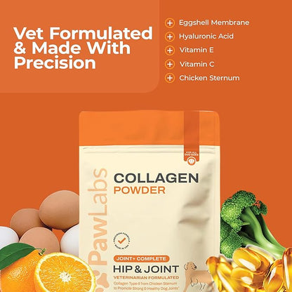PawLabs Collagen Powder for Dogs - Collagen Type II from Chicken Sternum, Eggshell Membrane, Hyaluronic Acid, Vitamin E & C - Joint Health & Cartilage Support