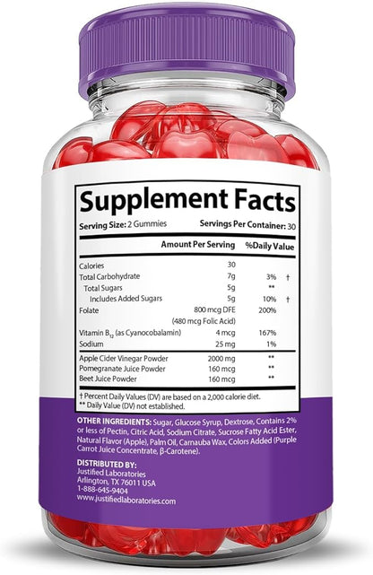 Justified Laboratories Ultra Quick Keto ACV Gummies Extreme 2000MG Ultraquick Keto Gummies Apple Cider Vinegar Formulated with Pomegranate Beet Juice Powder B12 Vegan Non GMO 60 Gummys