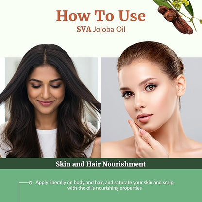 SVA Jojoba Seed Oil Organic - 4 Fl Oz – 100% Natural Cold Pressed Organic Jojoba Oil - for Face, Skin Care, Hair Care, Scalp Massage & Body Massage – Carrier Oil with Dropper