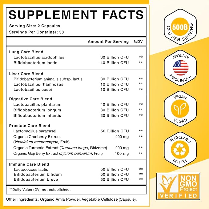 Probiotics for Men, 500 Billion CFUs & 12 Strains Mens Probiotic with Turmeric Cranberry, Goji, Gut Health for Men, for Digestive Health, Gut, Bloating & Gas, Immune, Energy Support, 30-Day Supply