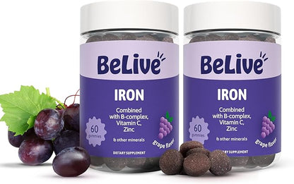 BeLive Iron Gummies - Multivitamin Iron Supplement with Vitamin C, A, B & Zinc, Supports Blood Oxygen, Vegan Supplements for Women, Men & Kids for Growth and Development - Grape Flavor | 2-Pack