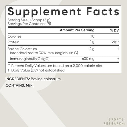 Sports Research® Bovine Colostrum Powder – Easy to Mix Superfood – Immunity Support & Gut Health w/ 30% IgG Antibodies - U.S. Sourced · Non-GMO · Gluten Free - 75 Servings (Unflavored)