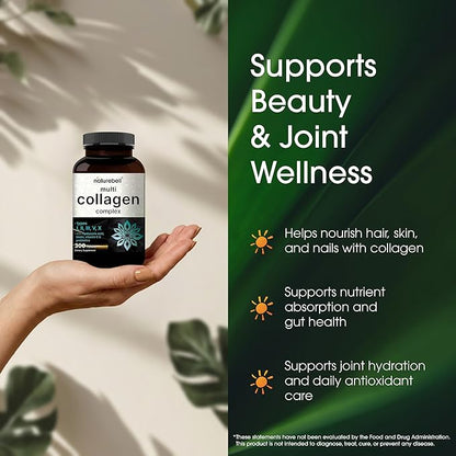 NatureBell Multi Collagen Complex - 300 Capsules - 5 Collagen Peptides (Type I, II, III, V, X), Hyaluronic Acid, Biotin & Probiotics - Hair, Skin, Nail, Joint & Gut Health Support*