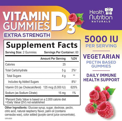 Vitamin D3 Gummies 125 mcg (5000 IU) Per Serving - 3X Strength Immune Support & Bone Support, Vitamin D Gummy Dietary Supplement, Nature's Berry D Vitamin Supplement, Raspberry Flavored - 120 Gummies