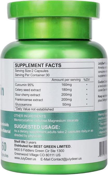 JulyDeer Curcumin Turmeric Complex 2 Bottles with Celery Seed, Sour Cherry, Frankincense Extract, Glucosamine, 95% Curcuminoids for Joint Health, Antioxidant, Immunity Support - 120 Capsules