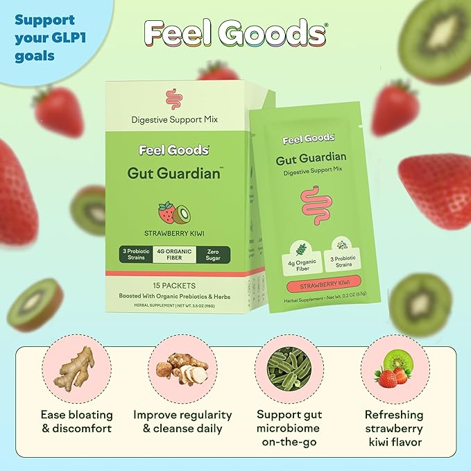 Feel Goods Gut Guardian, Gut Health Powder Packets - Probiotic Fiber Powder with Prebiotics & L Glutamine for Digestive Health, Bloating Relief & Digestion Support - Zero Sugar & Organic Flavor