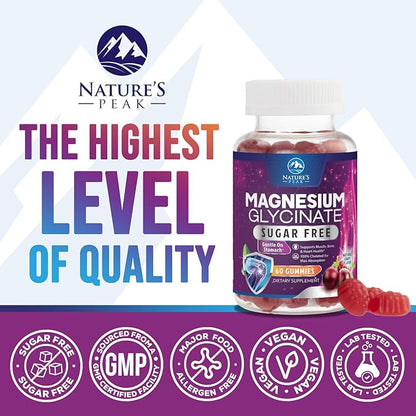 Magnesium Glycinate Gummies - Sugar Free - 100% Chelated Magnesium Gummy Supplement for Max Absorption - for Sleep Support & Heart, Muscle & Bone Health - Gentle on Stomach, Grape Flavor - 60 Gummies