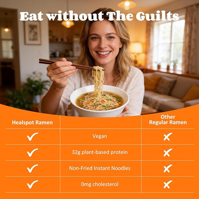 Healspot High Protein Instant Ramen, 6 Pack Non Fried Ramen Broth, 32g Plant Based Protein, Low Fat, Low Carb, Non GMO, Keto Friendly & Plant Based(Golden-Chicken)