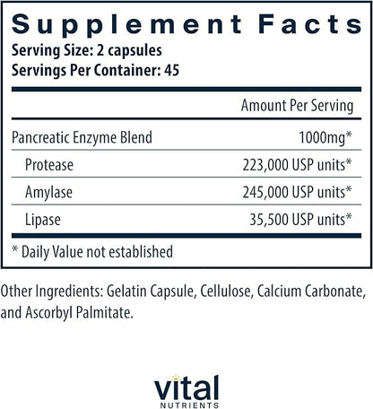 Vital Nutrients Pancreatic Enzymes 1000mg (Full Strength) - Pancreatin Digestion Supplement with Protease, Amylase & Lipase - Digestive Enzymes - Gluten, Dairy, and Soy Free - 90 Capsules