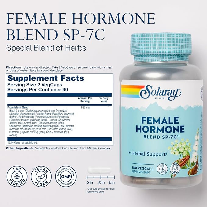 SOLARAY Female Hormone Blend SP-7C, Herbal Blend Includes Black Cohosh, Dong Quai, Passion Flower, Saw Palmetto, Wild Yam & More 180 VegCaps