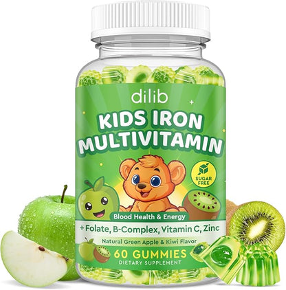 Iron Supplement Gummies for Kids, Kids Multivitamin with Iron Gummies - Zinc, Vitamin B Complex, A, C, D3, B12, Folate for Blood Builder & Energy Support, Vegan Sugar Free Green Apple & Kiwi 60ct