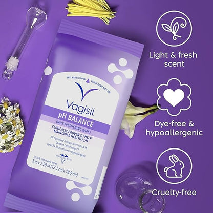 Vagisil pH Balance Daily Freshening Wipes for Feminine Hygiene in Resealable Pouch, Gynecologist Tested & Hypoallergenic, 20 Wipes (Pack of 1)