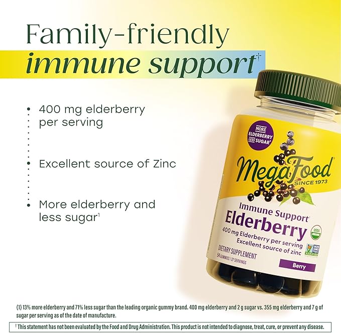 MegaFood Elderberry Gummies for Kids, Teens & Adults, Immune Support Supplement, Gummy Vitamins - Made with Zinc & Real Food, Pectin-Based, USDA Organic, Vegan - 54 Count, 27 Servings