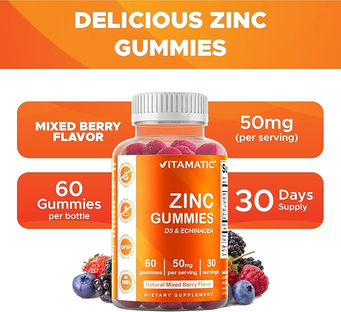 Vitamatic Zinc 50mg Gummies – 60 Vegan Gummies – Gluten-Free – 4 Pack