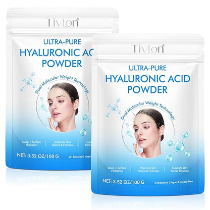 2 Pack Hyaluronic Acid Powder for Skin – High Molecular Weight, Deeply Hydrating, Cosmetic Grade Water-Soluble Powder, Vegan, Gluten-Free, Ideal for DIY Serums & Creams, 7.6oz