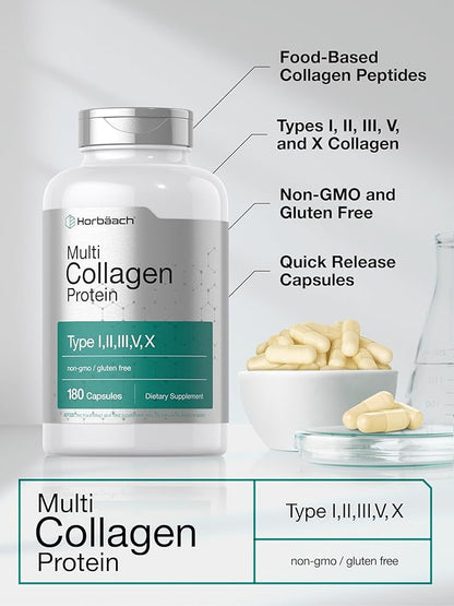 Horbäach Multi Collagen Protein 2000 mg | 180 Capsules | Hydrolyzed Collagen Type I, II, III, V, X | Keto & Paleo Friendly, Non-GMO, Gluten Free Supplement