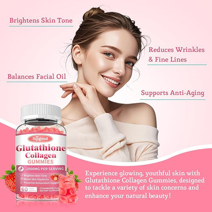 Glutathione Collagen Gummies, Skin Brightening & Anti-Aging, Supports Hair, Skin & Nail Health, Glutathione Supplement for Women, Strawberry Flavor, 60 Count