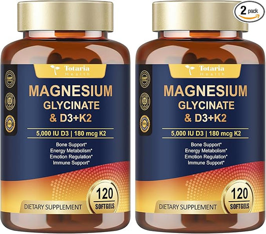 9-in-1 Magnesium Glycinate 500mg + Vitamin D3 5000 IU & K2 Complex - High Absorption - Healthy Stress, Sleep, Muscle Function, Bone Health & Energy Supports | Non-GMO, Gluten-Free 2 Pack