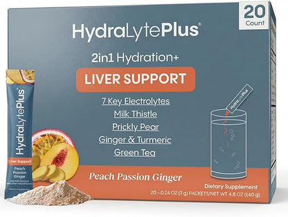 Hydralyte Liver Support + Electrolyte Mix with Milk Thistle, Turmeric, Ginger, Prickly Pear, Green Tea Extract Formulated for Rapid Rehydration (Peach Passion Ginger, 20 Packets)