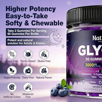 Glycine Gummies for Sleep, Glycine 3g Supplements with NAC, Magnesium Glycinate, L-Theanine, GABA, L Tryptophan, B6 for Relax, Nerve & Brain, Melatonin Free, Sugar Free, Vegan, Blueberry Flavor, 60 Ct