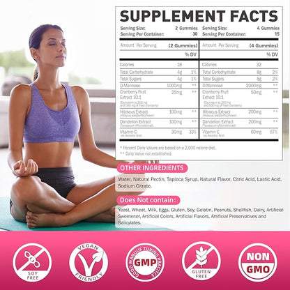 D-Mannose Gummies 2000mg with Cranberry 500mg & Hibiscus - D Mannose Chewable Supplements for Women - Liver, Bladder Flush & Urinary Tract Cleanse Health Supplement - 120 Count