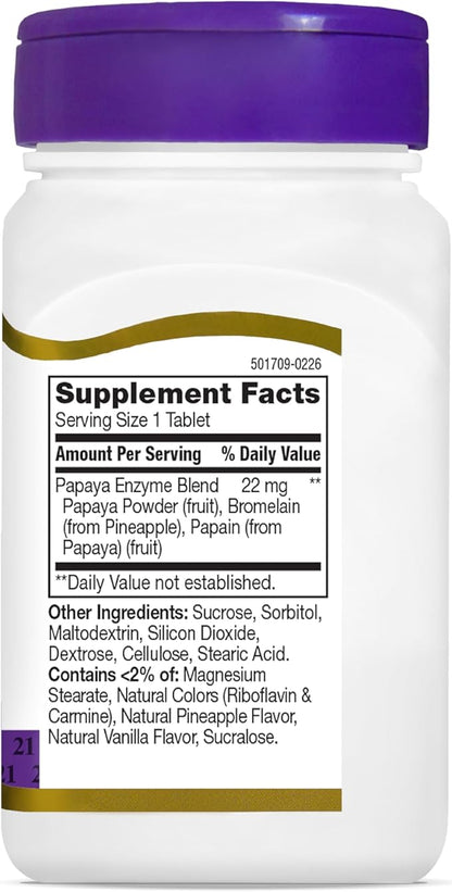21st Century Papaya Enzyme Chewable (100 Count), Papaya & Pineapple Digestive Enzymes for Gut Health, Tropical Flavor, Non-GMO, Gluten-Free, No Added Salt, Artificial Flavors