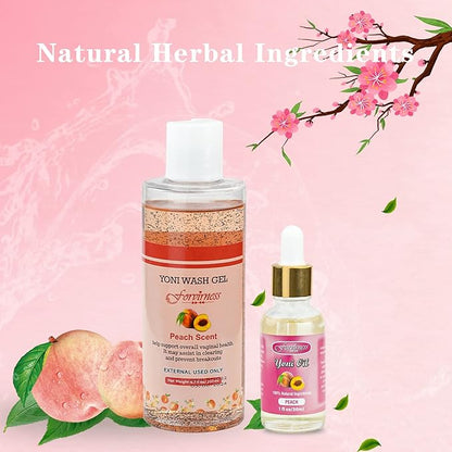 Natural Feminine Wash Yoni Oil Set, Body Cleanser with Cleaning Factor, Yoni Wash for Women pH Balance,1 fl.oz Peach Feminine Oil & 6.7 fl.oz Intimate Cleanser