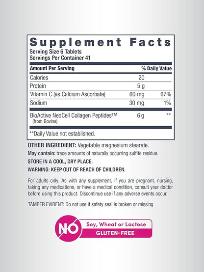 NeoCell Collagen Peptides | 250 Tablets | with Vitamin C | Grassfed Supplement | Hair, Skin, & Nails | for Women and Men