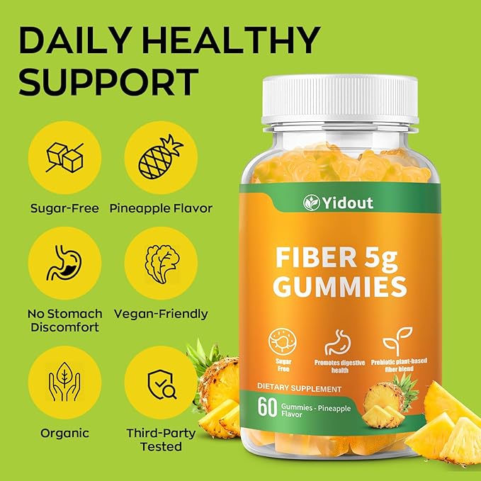 Fiber Gummies for Adults with Probiotics，No Sugar Added Pineapple Flavor, Promotes Gut Health and Regulate Bowel Movement, Vegan (60 Count（Pack of 2）)