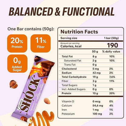 Fitness SHOCK Hazelnut Caramel Protein Bars - No Added Sugar, Low Calorie Low Carb Snack - 10g Protein, 0g Added Sugar, 190 Kcal, 16g Net Carbs - 12 x 50g