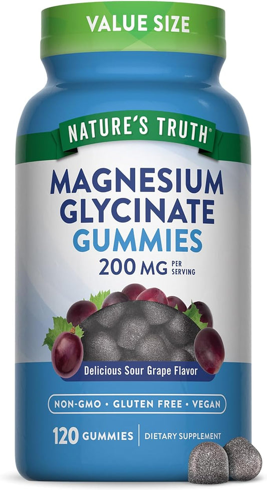 Nature's Truth Magnesium Glycinate Gummies for Adults | 200mg | 120 Count | Grape Flavor | Vegan, Non-GMO & Gluten Free Supplement