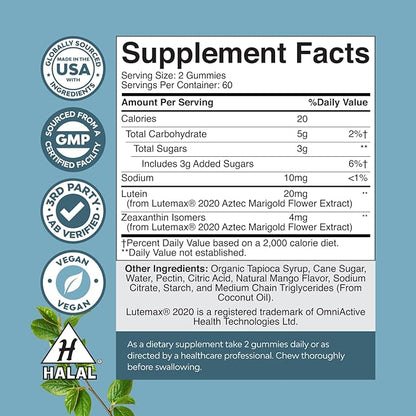 Vision Support Gummies for Adults - Lutein and Zeaxanthin Supplements for Eye Health - Potent Lutein Eye Vitamins for Blue Light Protection, Dryness, Strain Support & Visual Sharpness - 120 Count