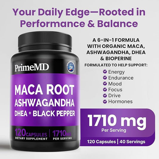 6-in-1 Organic Maca Root Ashwagandha Capsules 1710mg with DHEA and Black Pepper Fruit Extract for Women and Men - Black Maca Supplement for Stamina, Bone and Mood Support Supplement, 120ct (Pack of 3)
