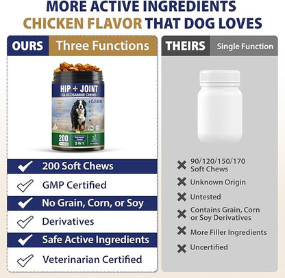 Hip and Joint Supplement for Dogs 200 Dog Calming Chews with Glucosamine, Chondroitin, Msm, Omega3, Melatonin for Senior Dogs Anxiety Pain Relief Anti Inflammatory Small/Medium/Large Dog -Chicken