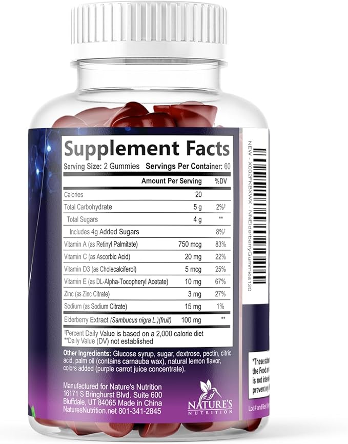 Elderberry Gummies - Black Elderberry Extract Immune Support Gummy with Vitamin C, D3 and Zinc - Sambucus Immune Health Support Supplement for Kids & Adults, Black Elder Berry Vitamins - 120 Gummies