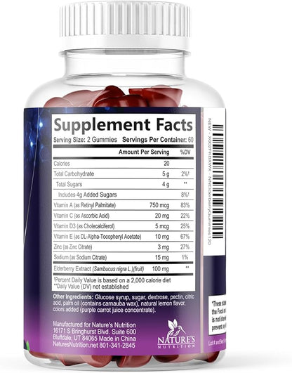 Elderberry Gummies - Black Elderberry Extract Immune Support Gummy with Vitamin C, D3 and Zinc - Sambucus Immune Health Support Supplement for Kids & Adults, Black Elder Berry Vitamins - 120 Gummies