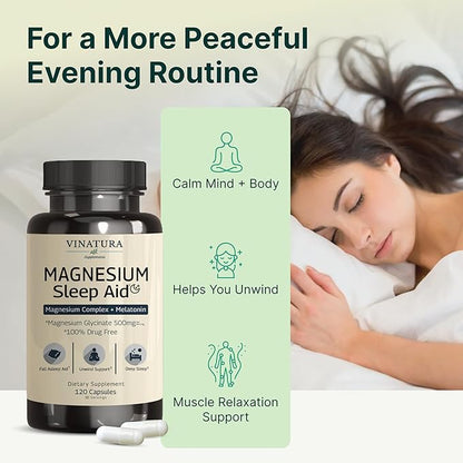 Magnesium Sleep Aid - Magnesium Glycinate Complex for Sleep with Melatonin Supplement - Glycinate 500mg, L-Theanine - 120 Capsules