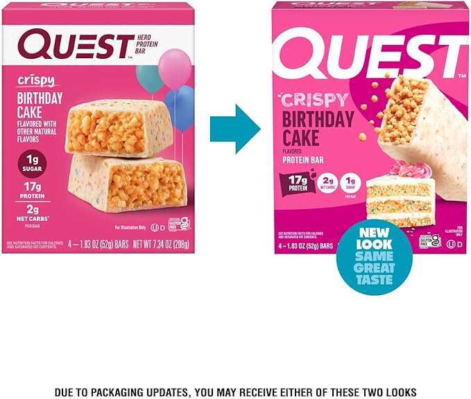 Quest Nutrition Crispy Birthday Cake Protein Bar, 17g Protein, 1g Sugar, 2g Net Carbs, Gluten Free Protein Snack, Keto Friendly, 4 Count