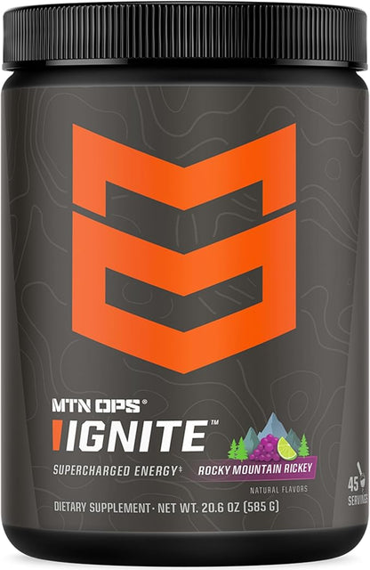 MTN OPS Ignite Energy Drink Powder, Gluten Free Nootropic Supplement Drink Mix, L Arginine, L Citrulline, Caffeine & Nootropic Sugar Free Drink Mix, 45 Servings, Rocky Mountain Rickey