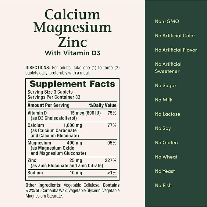 Nature's Bounty Calcium Magnesium & Zinc Caplets, Immune & Bone Health, Daily Supplement, 1000mg Calcium, 400mg Magnesium, 600 IU Vitamin D, Gluten Free, 100 Caplets
